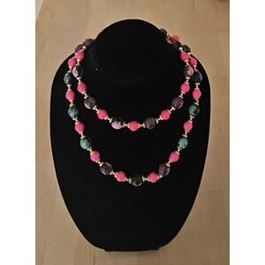 Vintage Pink, Purple, Swirl Acrylic Bead Gold Tone Accents Statement Necklace